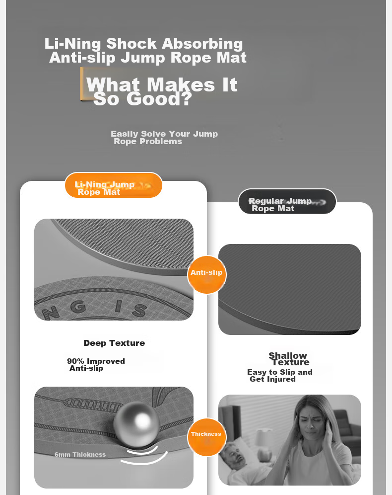Li-Ning Jump Rope Shock-Absorbing Pad, Round Professional Home Non-Slip Indoor Yoga Special Soundproof Floor Mat, 6mm 5