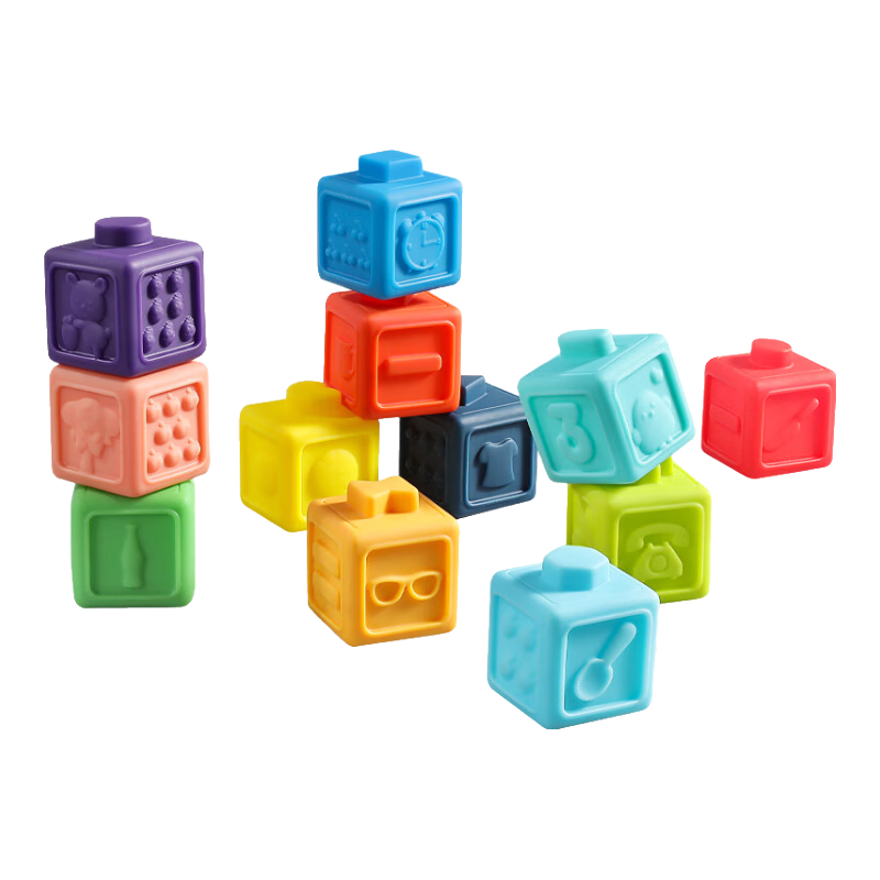 Dimoarch Baby Soft Rubber Building Blocks, Chewable Toys for 6-12 Months, Early Education Squeeze Toys, Children's Grip Training, 12-Piece Set