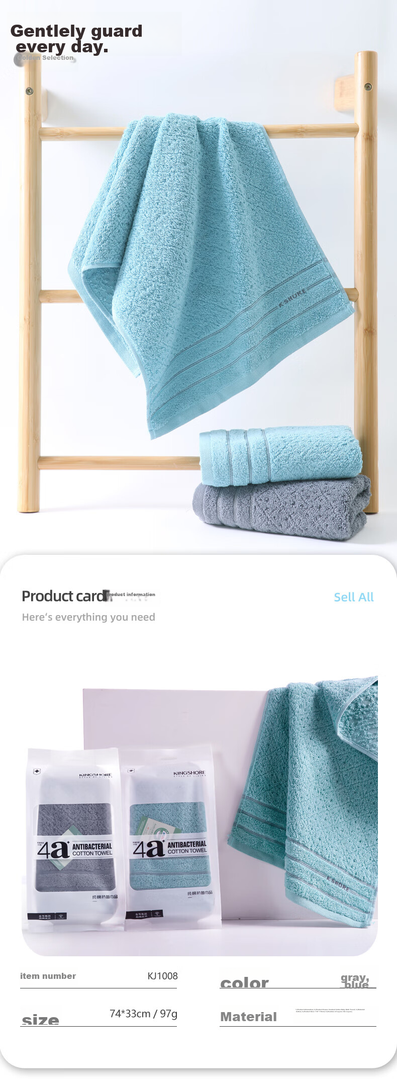 KING SHORE Towels, Anti-Mold, Odor-Resistant, Antibacterial, 100% Pure Cotton, Face And Sports Towels, Grade A, 2 Pieces, Individually Packaged 1