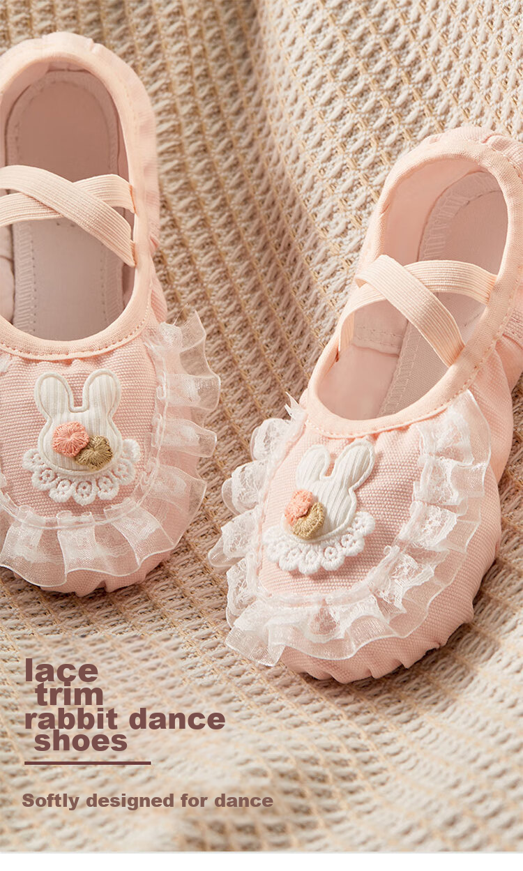 TIEJIAN Children's Dance Shoes with Rabbit Lace Trim, Ballet And Body-Shaping Shoes for Girls' Chinese Dance Practice, Pink, Size 31 1