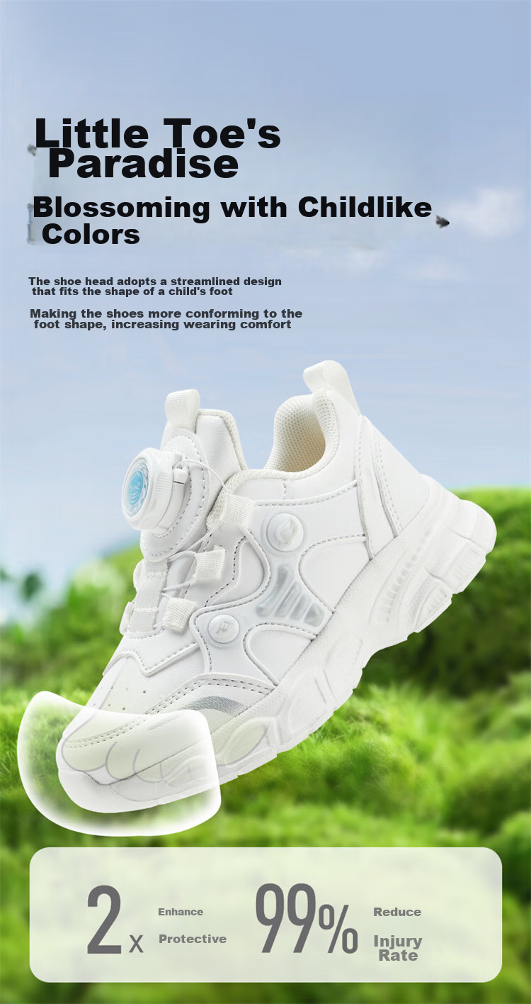 B.Duck Children's Sports Shoes, White School Campus Sneakers, Waterproof Leather Upper, Boys And Girls Shoes, White Color, Size 27 3