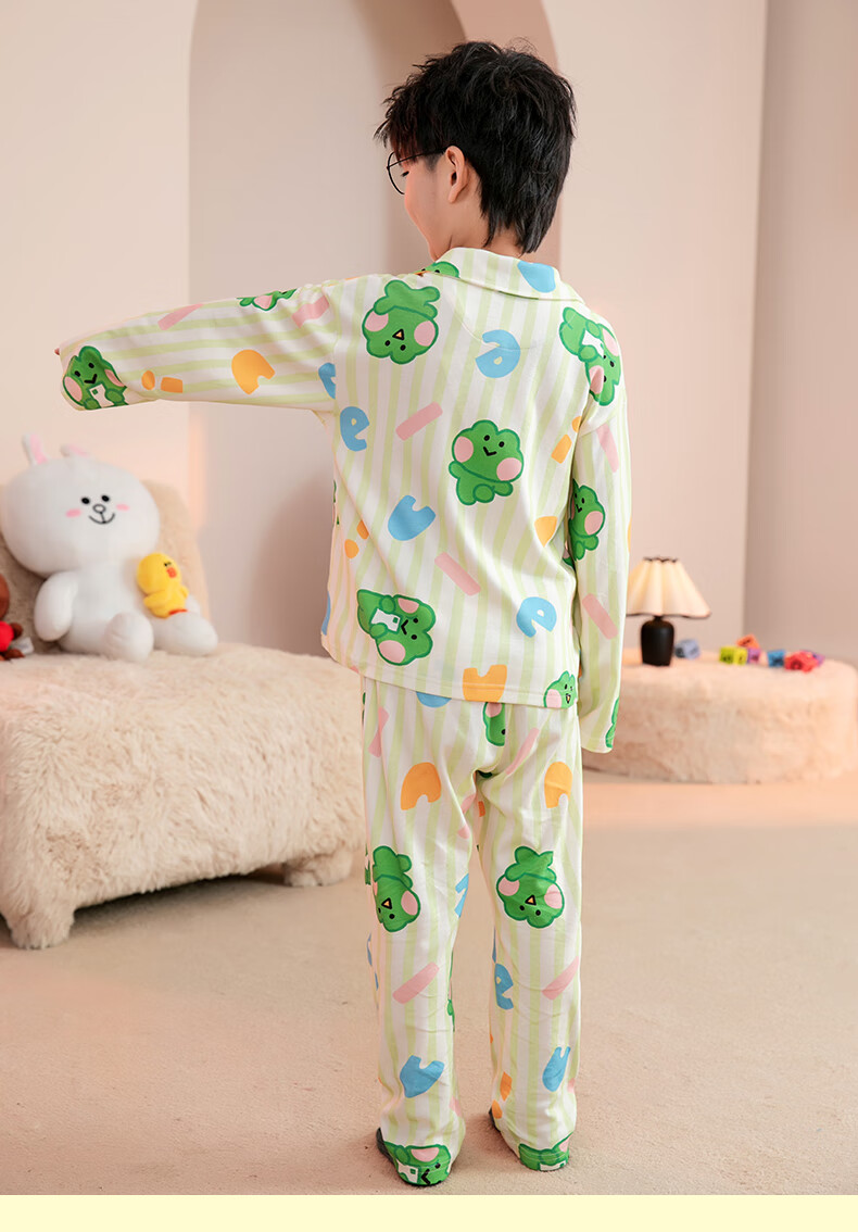 Fenteng Children's Pajamas, Boys' Brown Bear Design, Authentic Early Spring Pure Cotton Striped Sleepwear for Older Childre 3