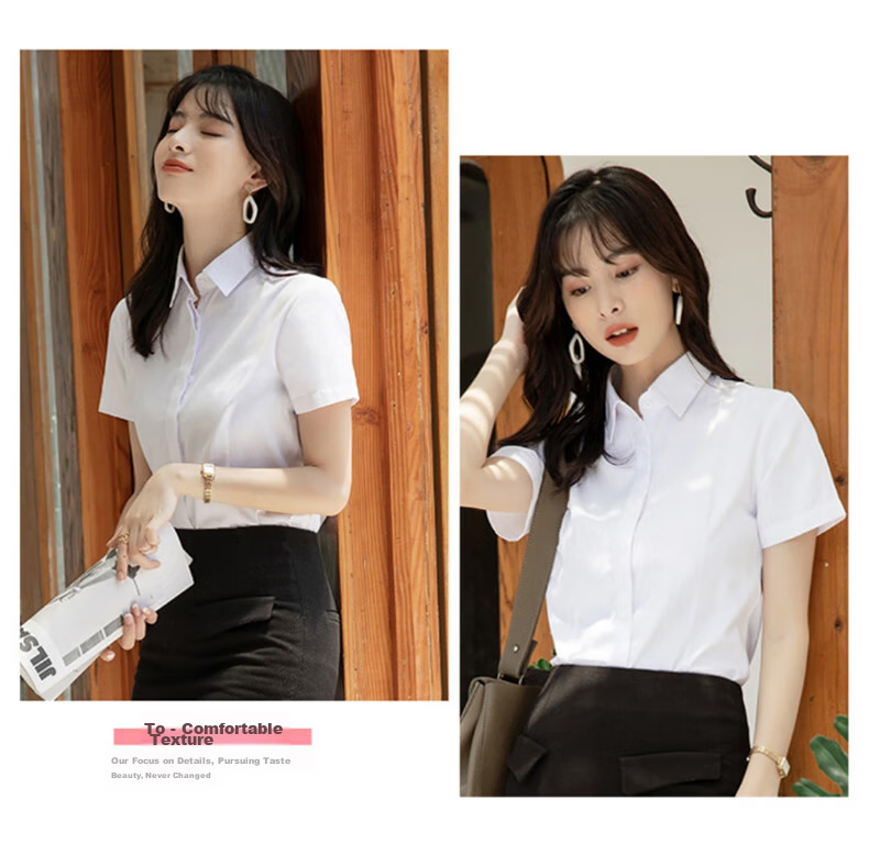 XUEXIMAN Short-Sleeve Shirt for Women, Work Uniform Blouse, Business Casual Slim-Fit Professional Wear, Summer Work Clothes, Square Collar, White 11