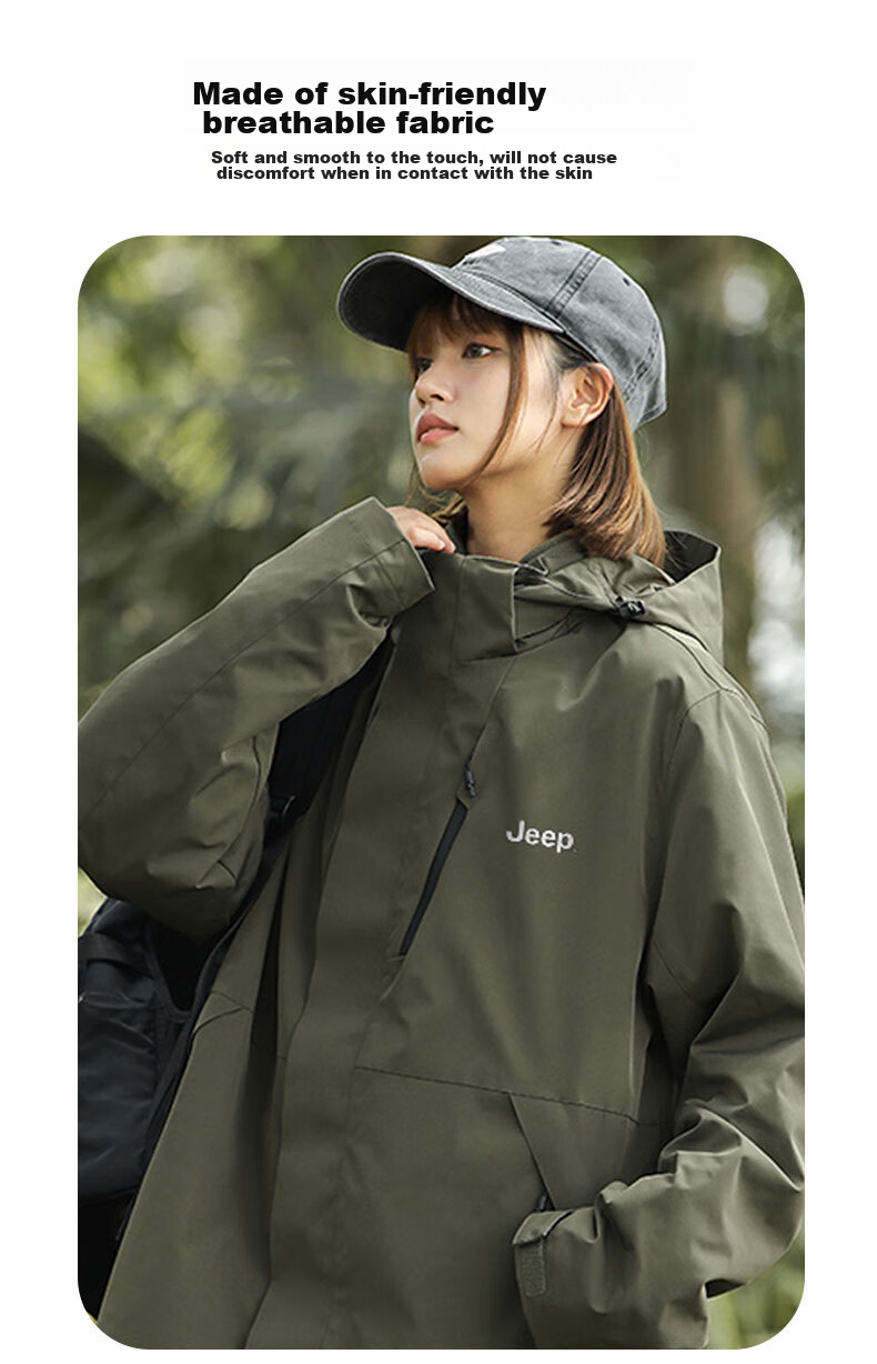 JEEP Windproof Jacket for Men And Women, Three-In Two-Piece Set, Warm Windproof Fleece-Lined Coat, Army Green, 3XL 14