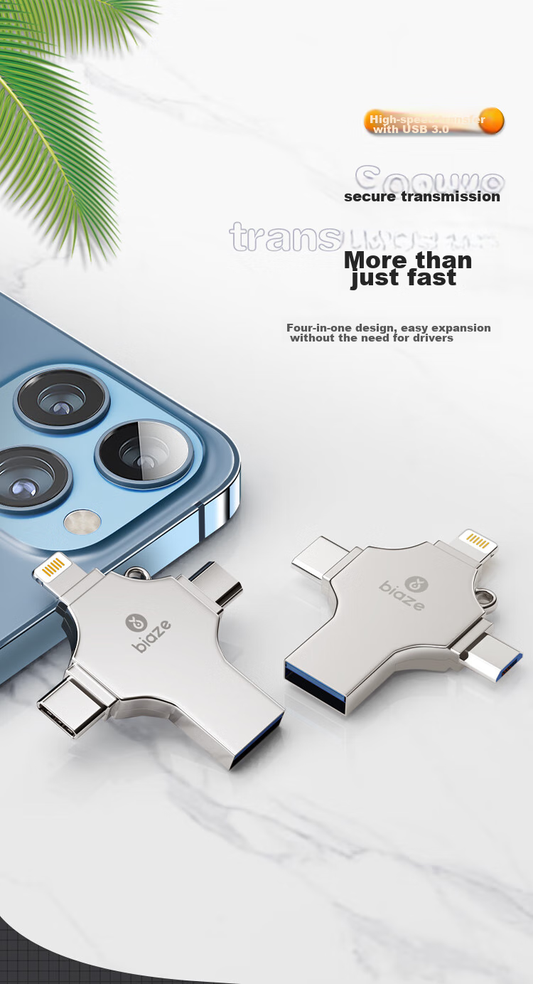 BIAZE 128GB Four-In Lightning Phone Flash Drive, Type-C USB3.0, Compatible with Huawei, Android, Apple, Large Capacity Dual-Use Thumb Drive for Computer And Phone 2