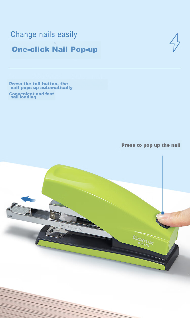 COMIX 25-Page Low-Effort Stapler, Anti-Jamming Function Compatible with 24/6 Staples #12, Pop-Up Staple Channel, Office Supplies, Green B3017N 1