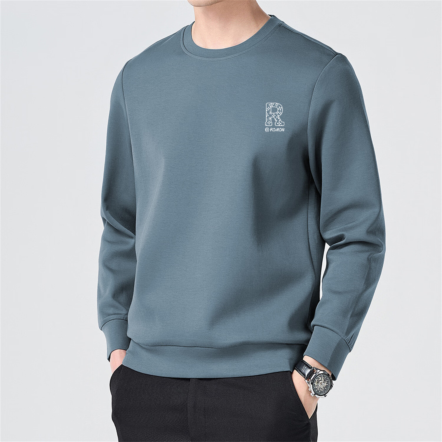 ROMON Men's Sweatshirt Spring Autumn Casual Simple Loose Pullover Crew Neck Long Sleeve T-Shirt Base Layer Jacket WY02 Navy Blue L 10