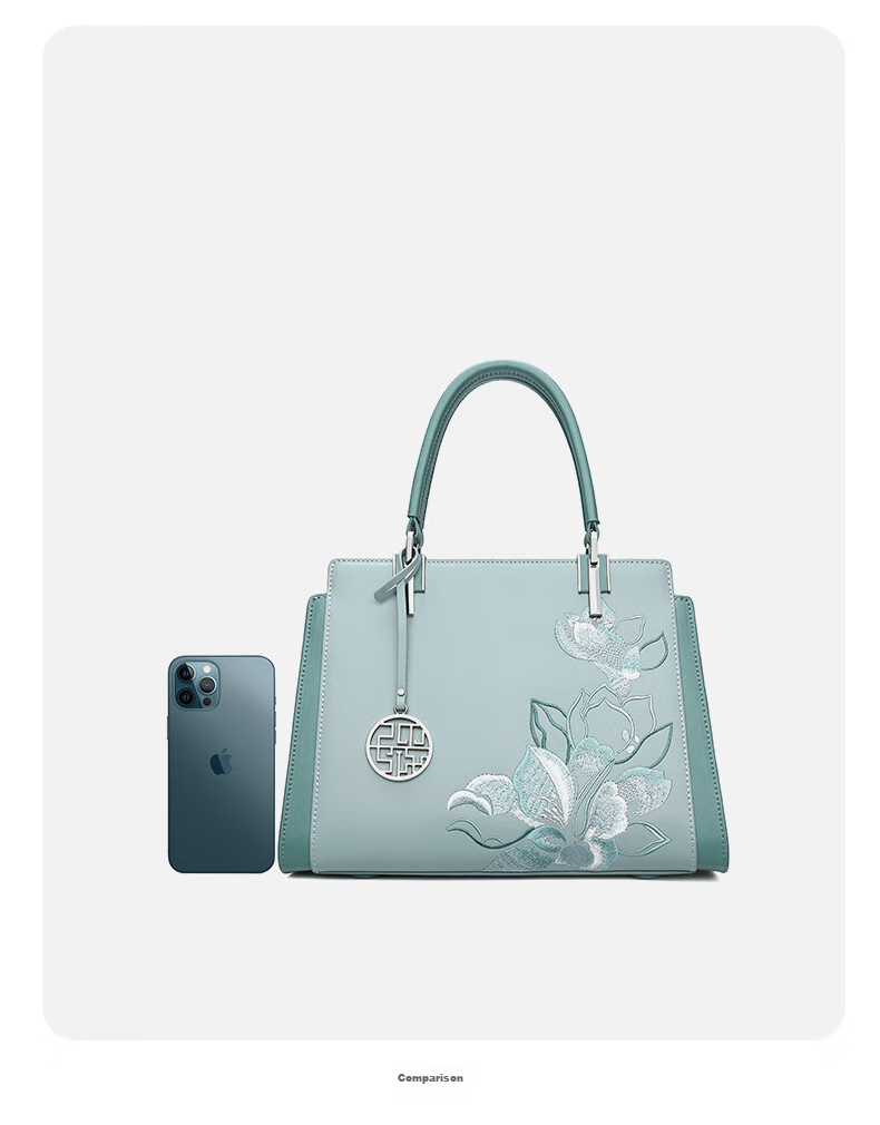 PmSix Women's Handbag, New Style, Practical Birthday Gift for Mom, Cowhide Chinese-Style Embroidery, Large Capacity, Middle-Aged Ladies' Tote Bag 26