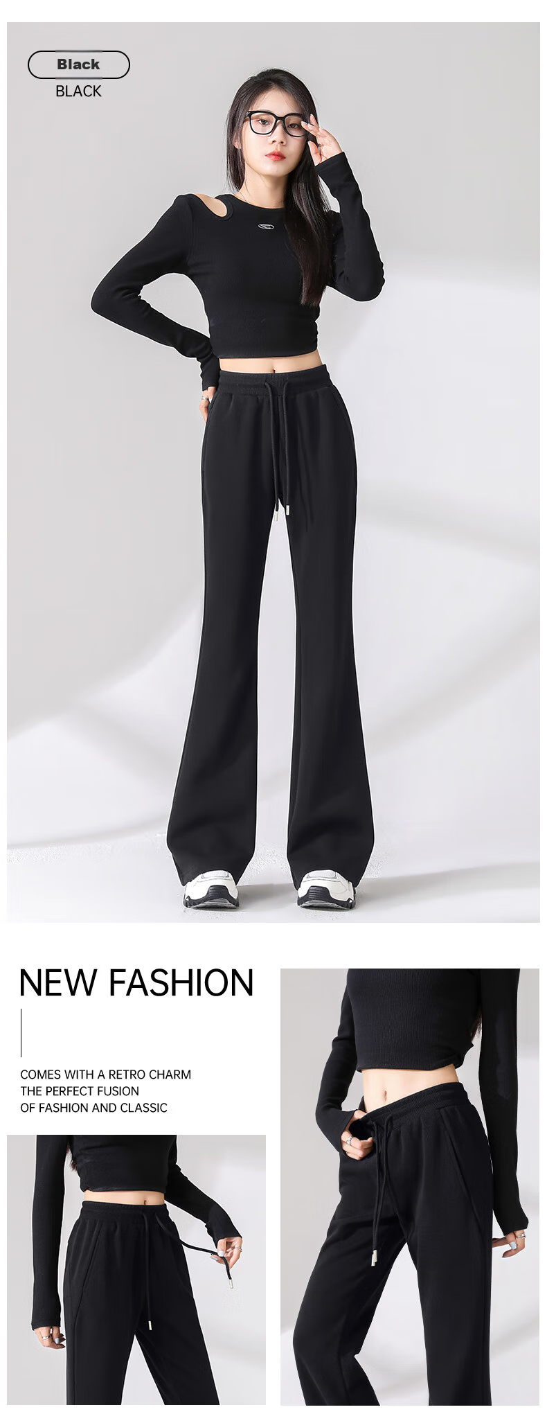 Baleno High-Waisted Flared Pants for Women, Spring And Autumn 2026, Elastic Waist, Slightly Flared Casual Long Pants, Fashionable Black Harem Pants 15