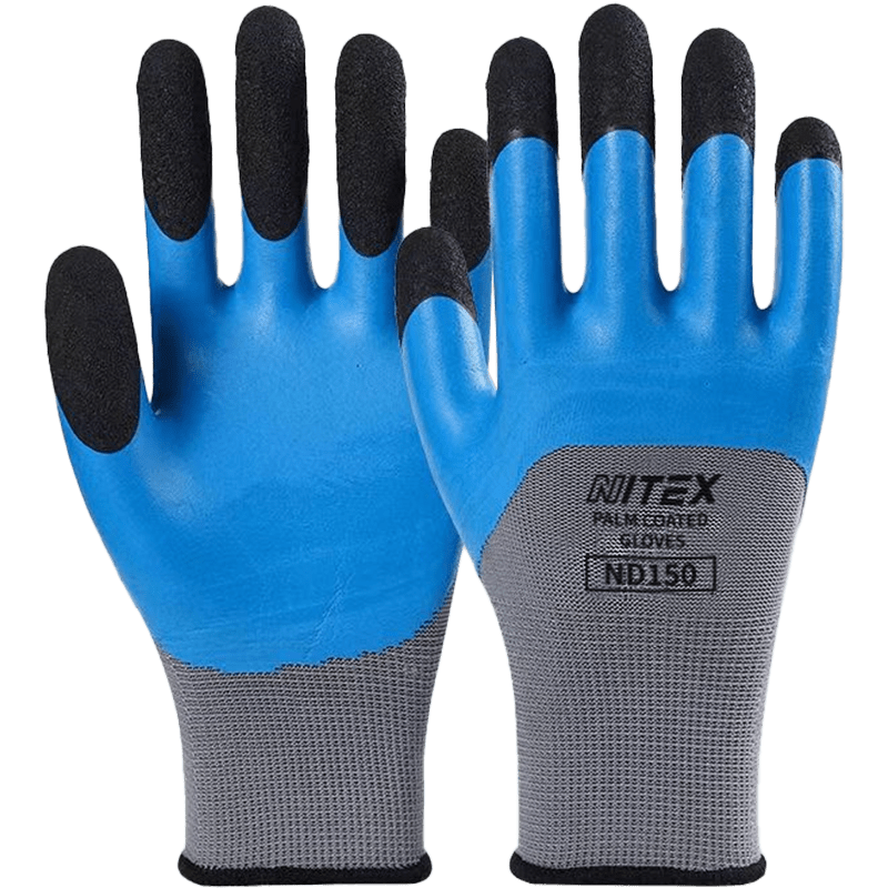 SHENGLI Work Gloves, Gardening Gloves, Rubber Wear-Resistant Dipped Thin Breathable Reinforced Finger Gloves for Construction Site Work, Blue, ND150, 12 Pairs