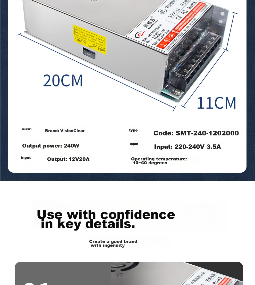 COMPCCTV Surveillance Centralized Power Supply 12V20A, 12V Camera Power Adapter Voltage Regulator 9