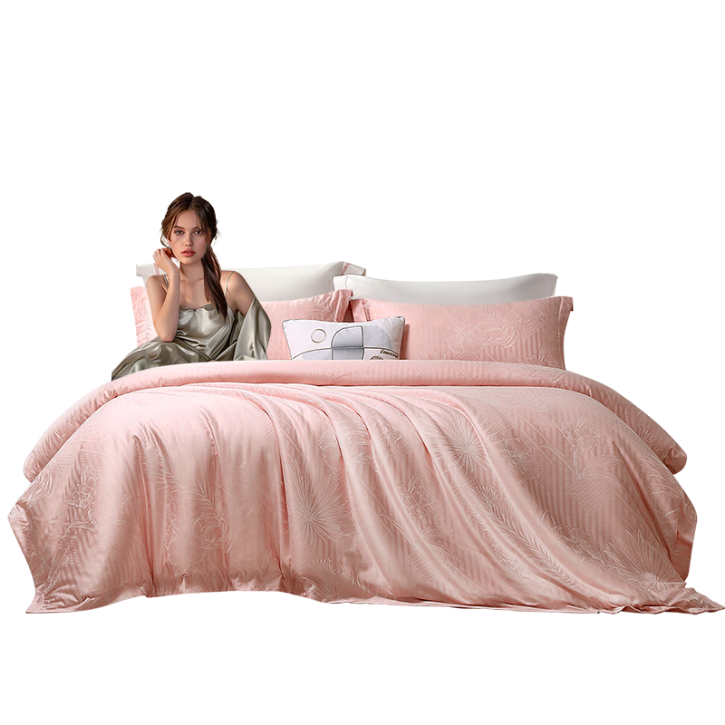 FUANNA Bedding Set of Four Pieces, European Jacquard Pattern, Pure Cotton Bed Sheet, Duvet Cover, Pillowcases, King Size 230*229cm, Pink