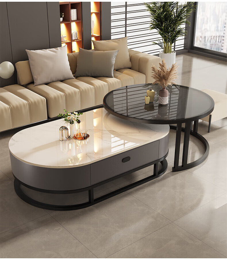 XIAOJIANGCAI Rock Slab Coffee Table, Living Room Modern Minimalist Tea Table, Oval Combination Coffee Table, Snow White Rock Slab, Black Frame, Gray Cabinet, 80 8
