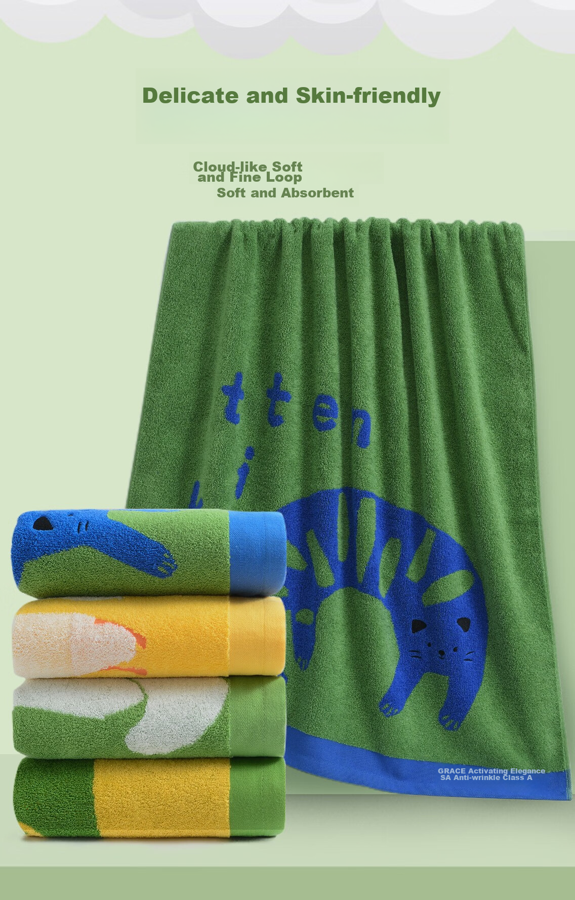 Grace Pure Cotton Baby And Toddler Antibacterial Class A Bath Towel, Cartoon All-Cotton Odorless Sports Absorbent Towel for Older Children, Gree 2