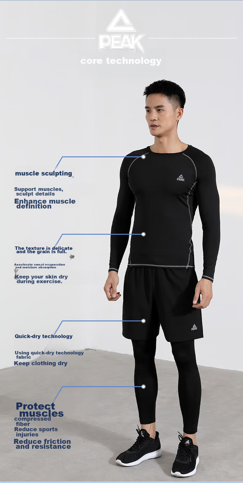 PEAK Fitness Clothing Set for Men, Quick-Dry Shirt, Sweat-Wicking And Breathable, High-Elasticity Badminton Training Three-Piece Set, Black 3