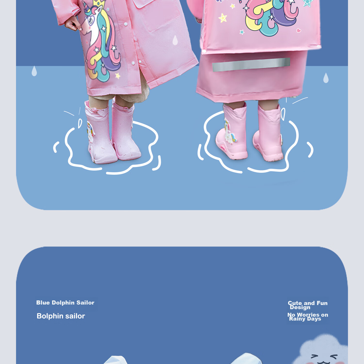 Moremerry Children's Raincoat for Boys And Girls, Full-Body Waterproof with Backpack Space, Elementary School Students' Specialized Rain Poncho, Little Dolphin Design, Size 3XL 23