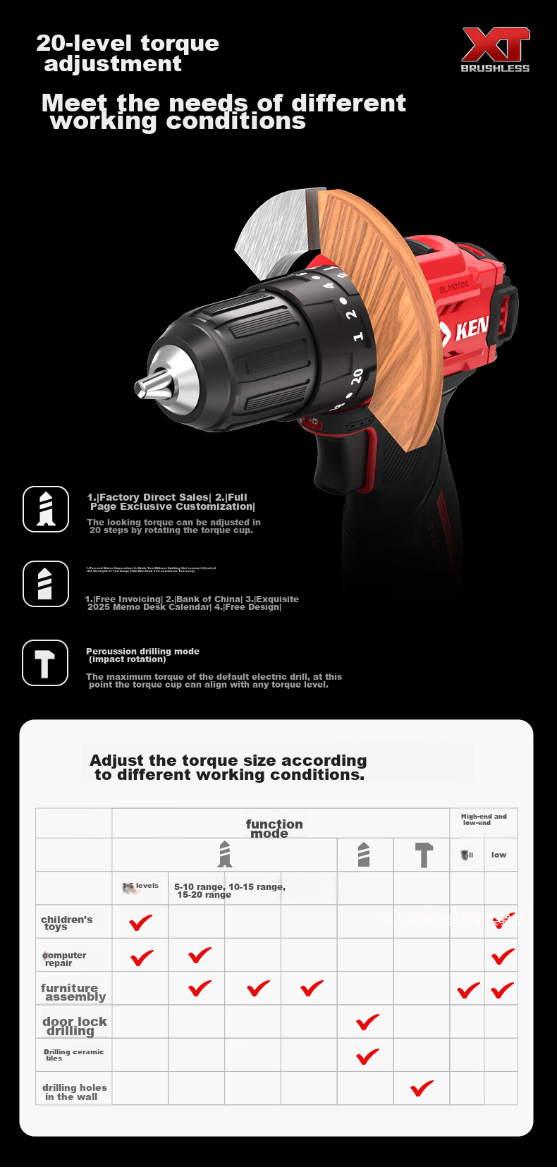 KEN 12V Impact Drill Q12XT-2 Brushless Lithium Drill, Multi-Functional Electric Drill, Household Screwdriver, Power Tool 8