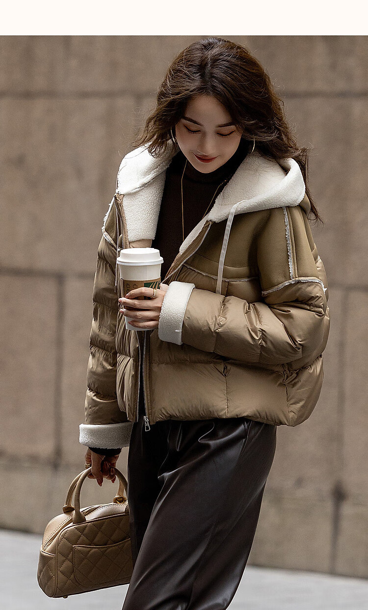 Dme [Xueshan Dushi] Winter 400T Spring Yafang Light Luxury 90% Duck Down Hooded Patchwork Elastic down Jacket for Wome 17