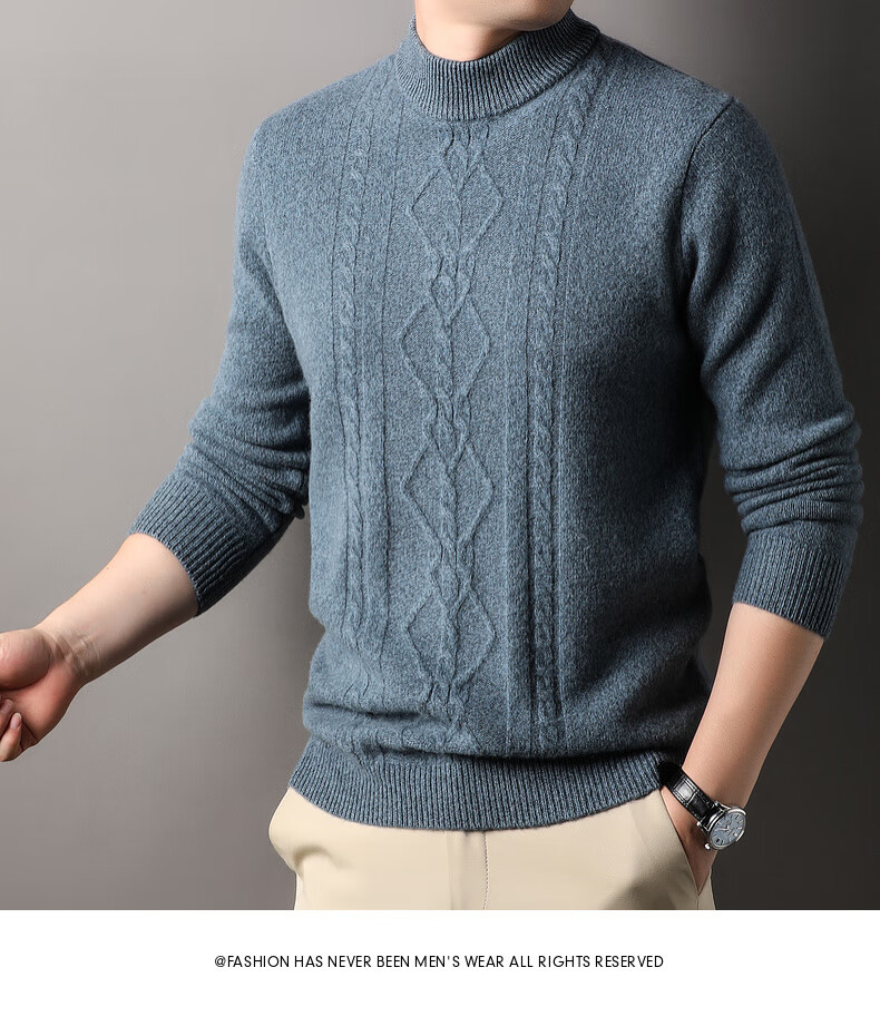 Hengyuanxiang Men's Thickened Wool Sweater Autumn Winter 100% Pure Wool Half Turtleneck Simple Casual Solid Color Knitwear 16