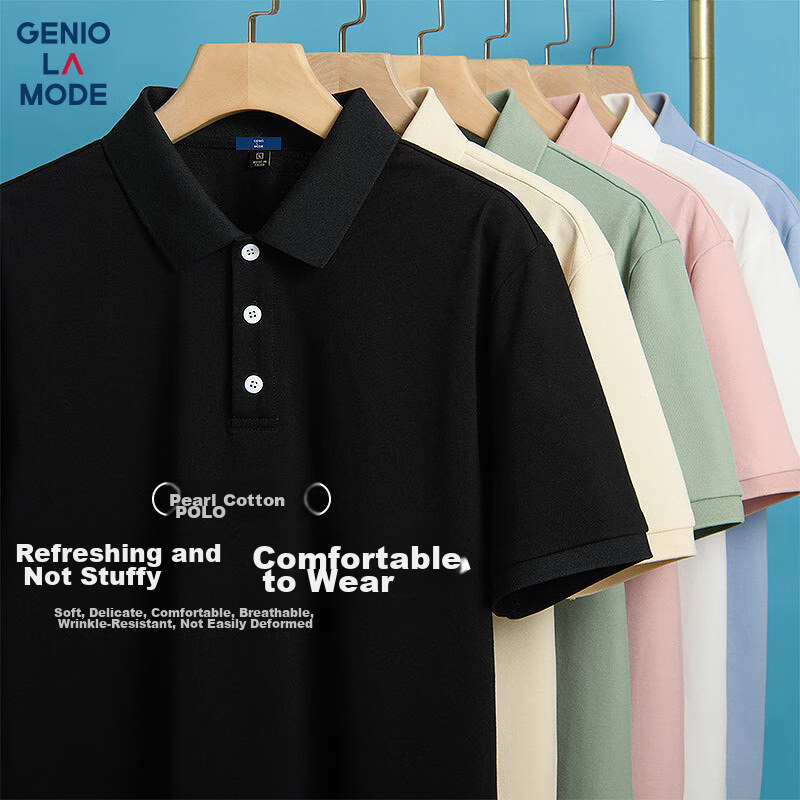 GENIOLAMODE Men's Polo Shirt Short Sleeve Summer Casual Solid Color Versatile Basic Business Collared T-Shirt, Black, 2XL