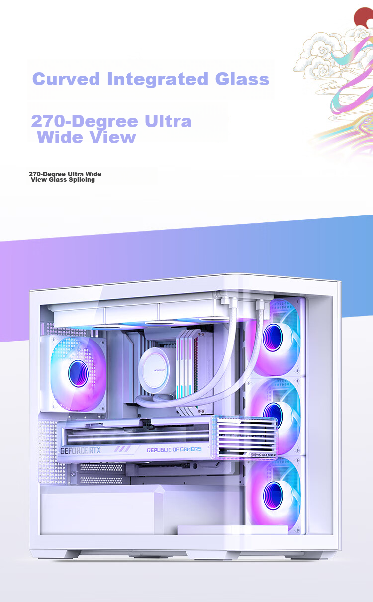 JONSBO D300 White MATX Case (Pillarless Curved Panoramic Design, 360mm Radiator Support, ATX PSU, 10 Fan Positions, Type-C Gen2 10Gbps+) 5