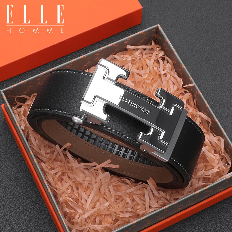 ELLE HOMME Men's Top-Grain Leather Belt, Luxury 304 Stainless Steel Buckle Automatic Waist Belt Trouser Belt, Birthday Gift for Me