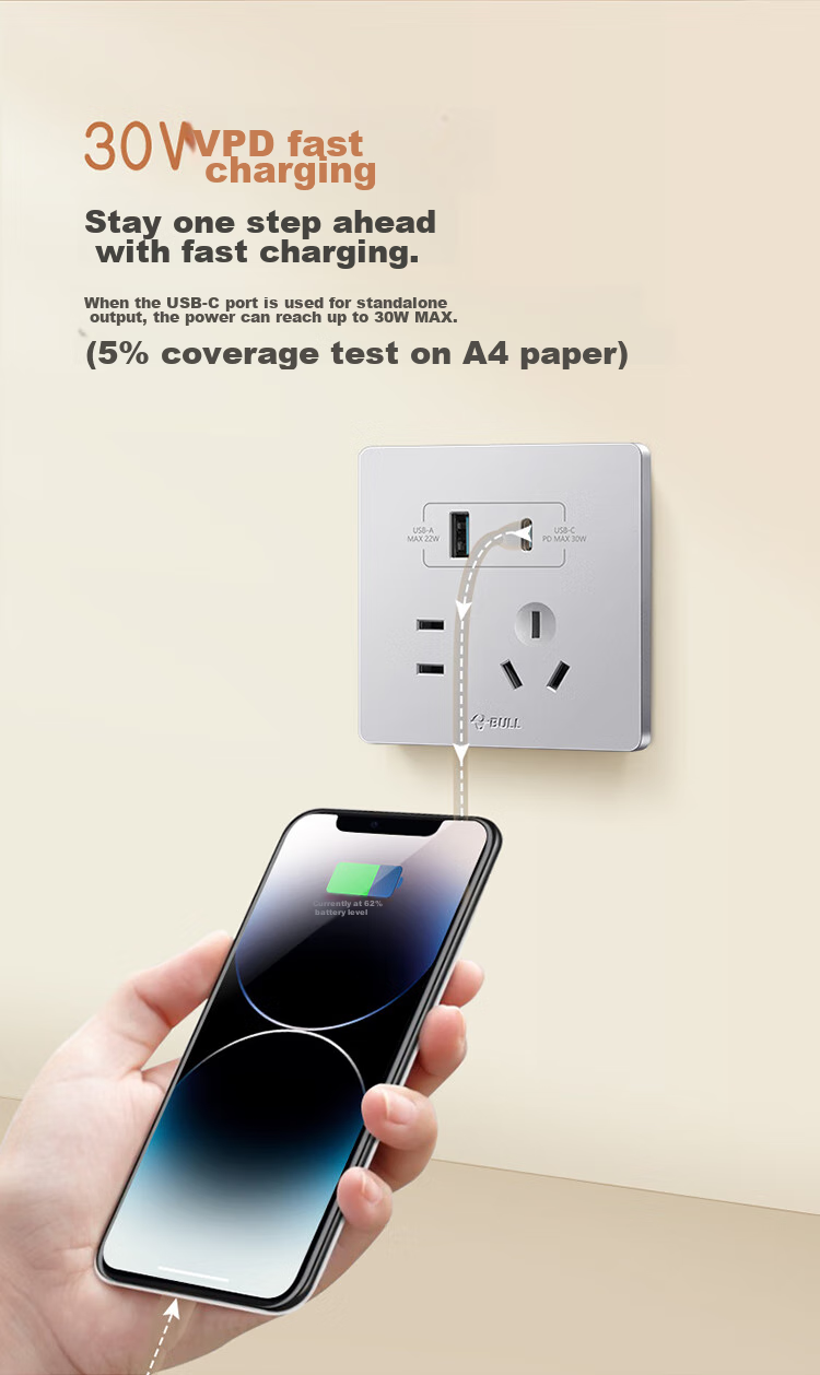 BULL Switch Socket G12 Series Five-Hole with USB+Type-C 30W Fast Charging G12E537 Cream Wind Space Silver 10