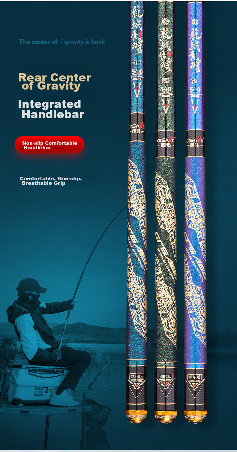 Grsaed Longcheng Feijiang 4.5m 4H Fishing Rod, Handheld Rod, 28-Section Telescopic Rod, Carbon Fiber Ultra-Light Ultra-Hard Crucian Carp Rod Set 20