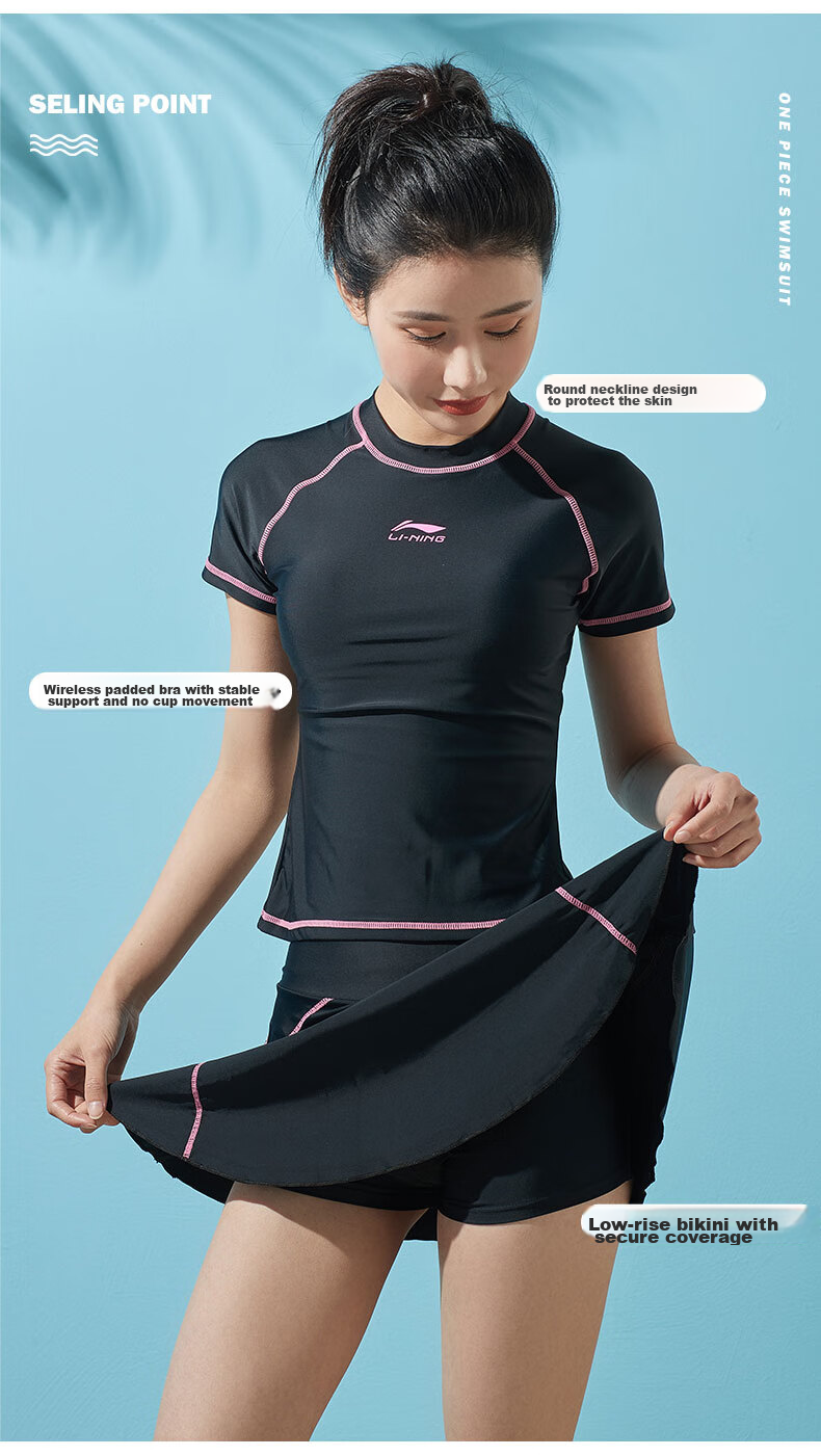 Li-Ning Women's Swimsuit, Fashionable Two-Piece Conservative Design, Tummy Control, Slimming, Sexy, Push-Up for Small Chest, Hot Spring Swimwear 507, Black XL 5