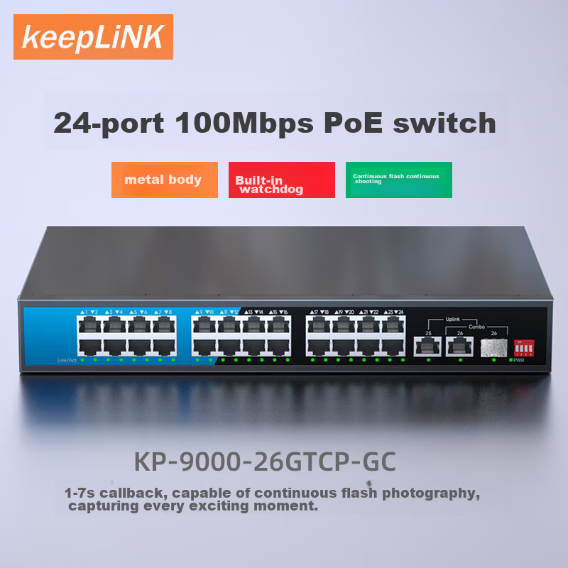 KeepLINK KP-9000 24-Port 100Mbps PoE Switch, 2 Gigabit Cascading Ports, Network Monitoring Splitter, 300W Per Unit