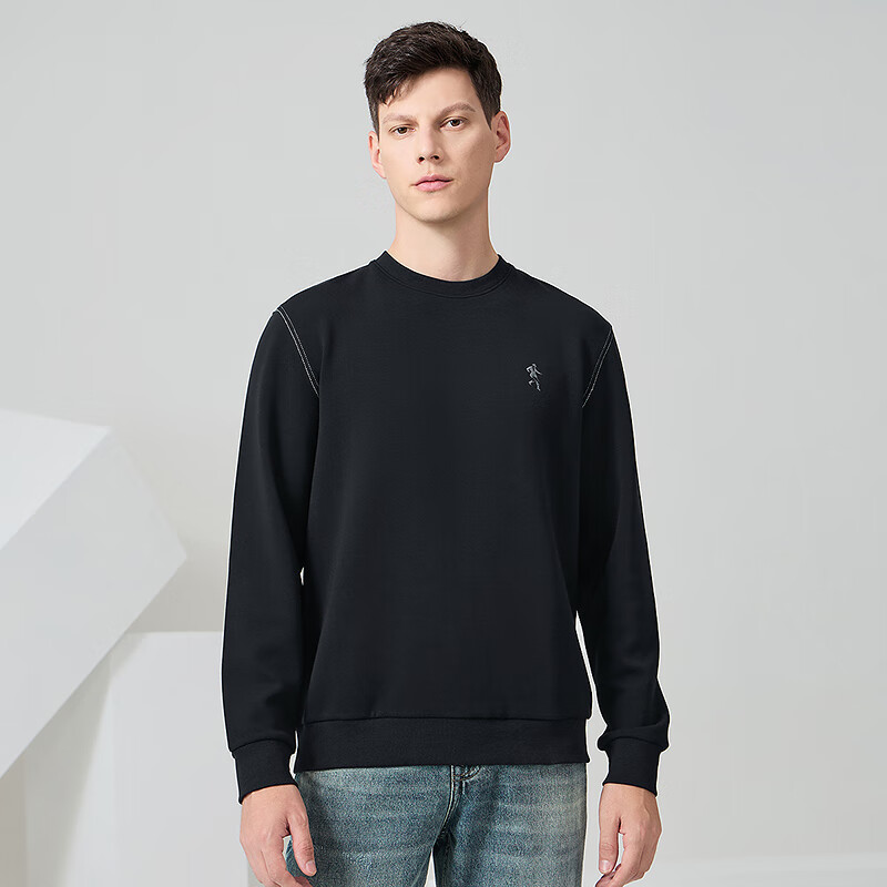 DANCING WOLVES [Modal + Wool] Autumn And Winter Simple Open-End Versatile Casual Men's Sweatshirt, 001 Black, Size 170