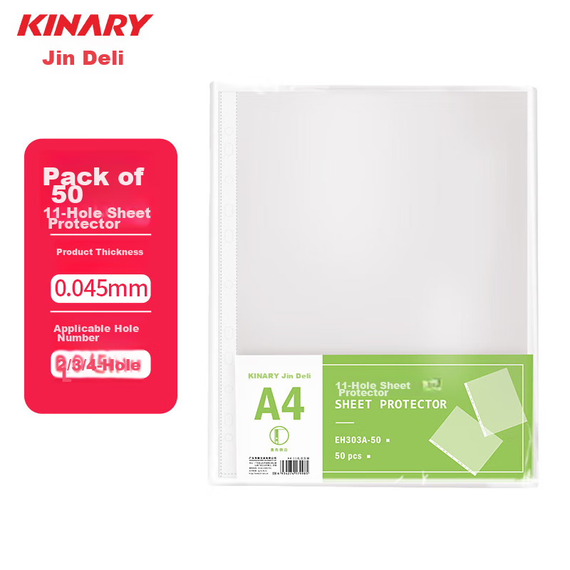 Jindeli 50-Pack 11-Hole Loose-Leaf Pockets A4 Universal Perforated Document Sleeves Transparent File Refill Pages Suitable for 2/3/4-Ring Binders EH303A-50