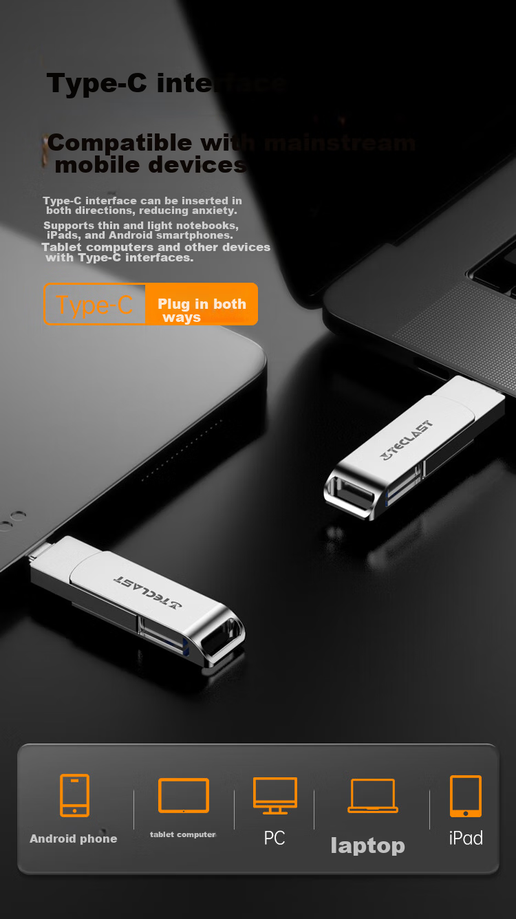 TECLAST 64GB Type-C Dual Interface Flash Drive, USB3.2 High-Speed C Port Large Capacity Universal for Phones And Computers, Office Study Business Metal USB Drive 3