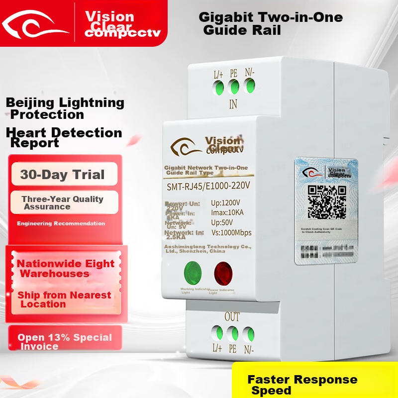 COMPCCTV Gigabit Rail Network Power Supply Two-In Surge Protector, Network Surge Protector Monitoring Power Supply Surge Protector Camera Lightning Arrester
