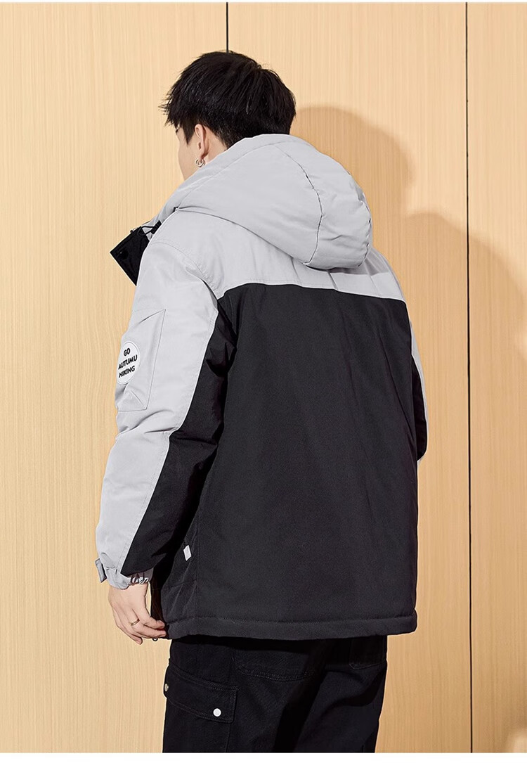 TonLion 2024 Men's Workwear Letter Embroidery Patchwork Hooded Cotton Jacket, Gray Lake Green, L 17