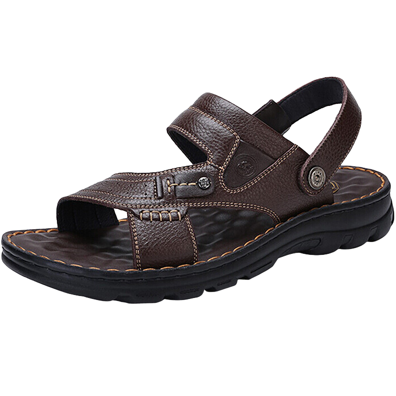 CAMEL Brand Men's Casual Slippers, Genuine Leather Sandals, Cowhide Breathable Wear-Resistant Beach Shoes, W822287612, Brown, Size 39