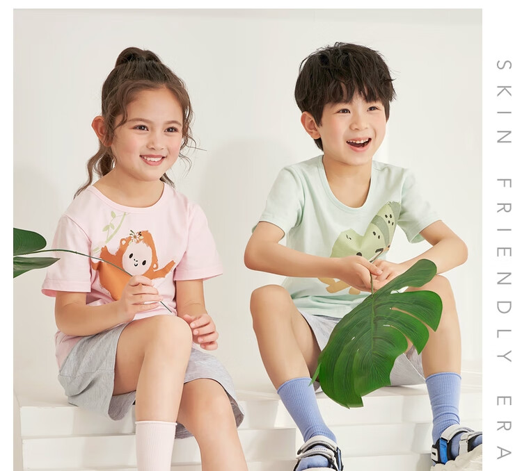 THREEGUN Water-Soft Cotton Children's Short-Sleeve Shorts Pajama Set, Boys And Girls, 89205D0, Light Green, Size 120 10