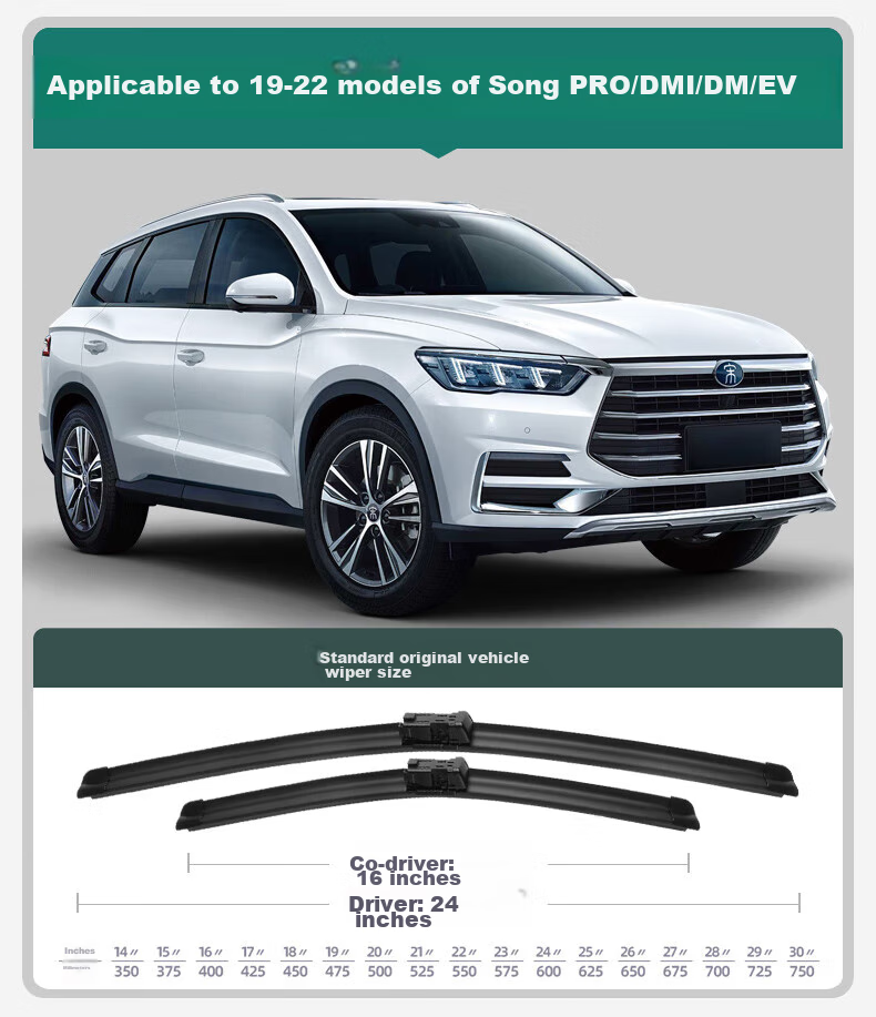 Xufengcheshi BYD Song Pro Windshield Wipers for 2019-2026 EV/DM/DMI Models, Boneless Silent Front Wiper Blades, One Pair 3