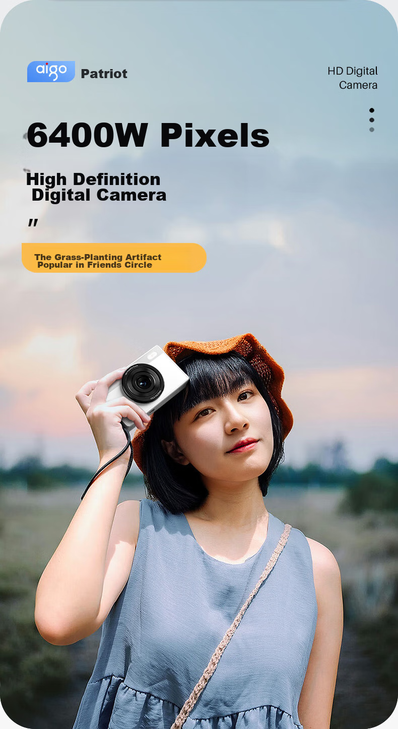 Aigo E6 Student Digital Camera for Women Beginners, High-Definition Retro Compact Point And Shoot Camera, HD Travel CCD Alternative, Front And Rear Dual Cameras with Selfie Function, 64GB White 1