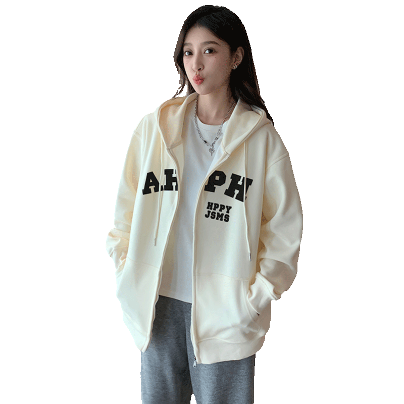 Halo Queen Women's Sweatshirt Jacket with Fashionable Letter Print, Casual Comfortable Loose-Fitting Student Sweatshirt H13KF2141