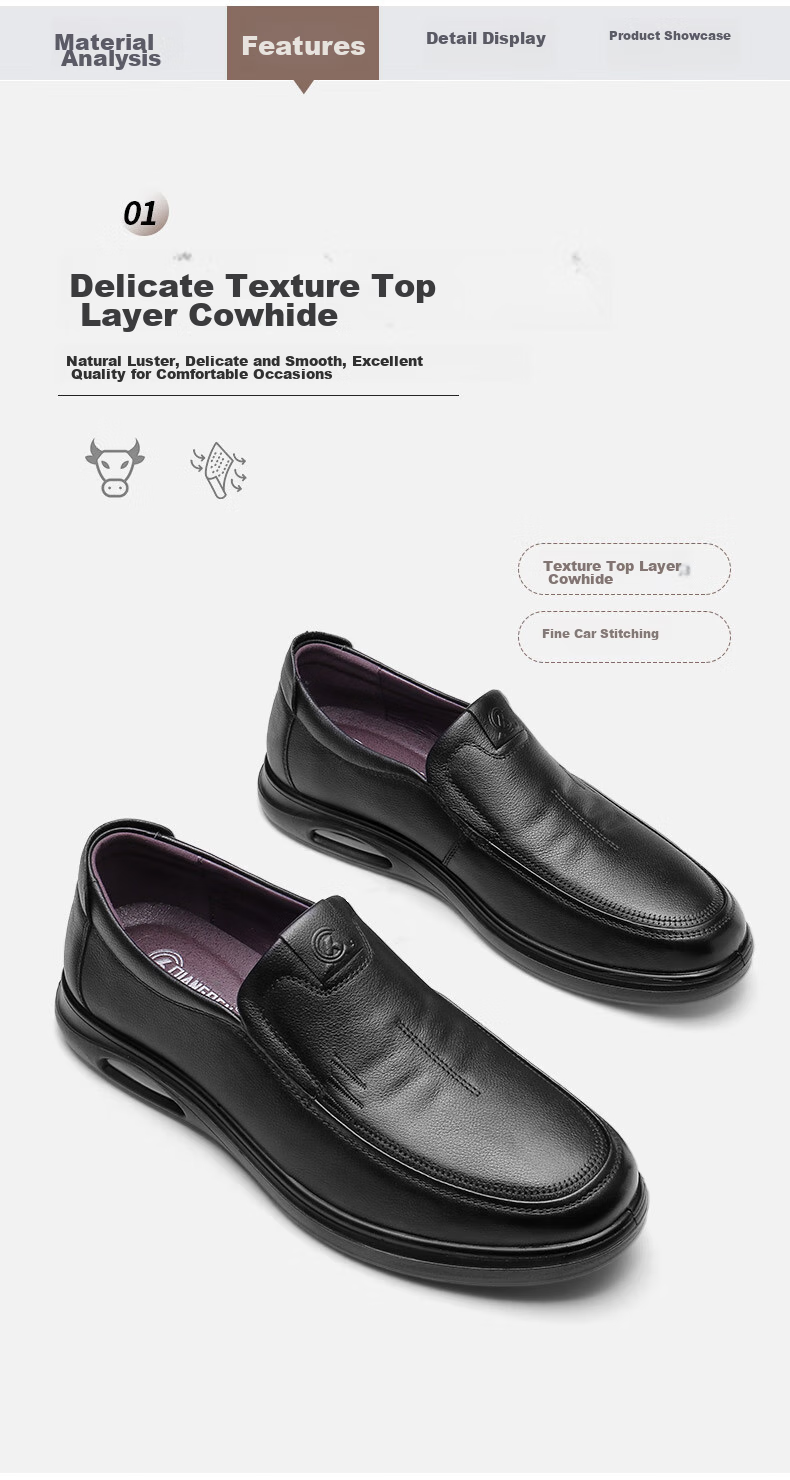 Qiangren Business Casual Shoes, Top-Grain Leather Slip-On Men's Shoes, Soft Upper And Sole, Work Dress Shoes, JD351047, Black, Size 40 4