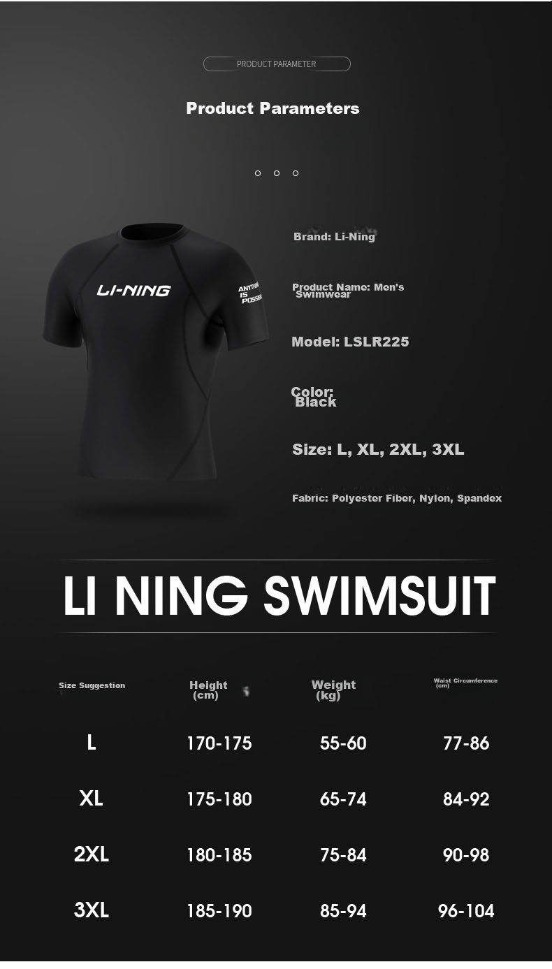 Li-Ning Men's Professional Quick-Dry Swimwear Set, Swimming Trunks And Swim Shirt, 23-69 Long Sleeve Set, Black, XL 5