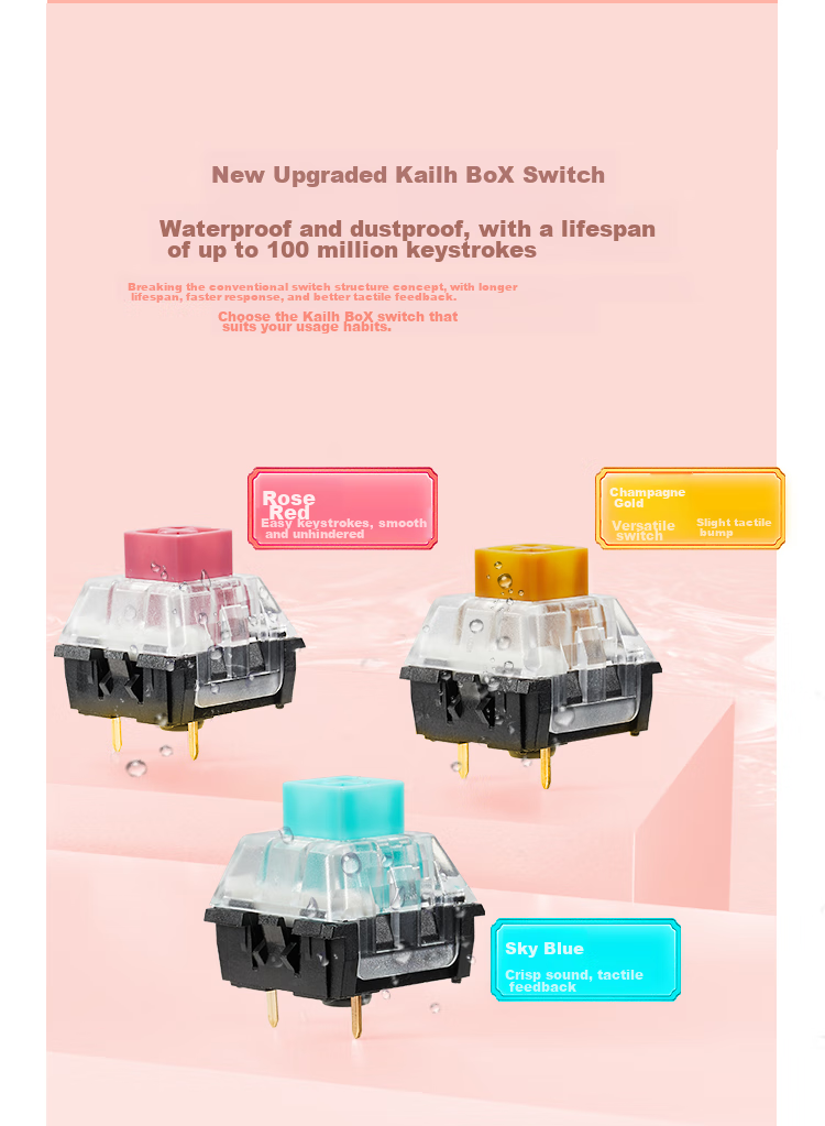 Hyeku X3 Wired/wireless 2.4G Dual-Mode Gaming Mechanical Keyboard, 87 Keys, PBT Keycaps, Kaikhua BOX New Switch, Peach Bubble Water, Kaikhua Rose Red Switch with Clip And Wrist Rest 6