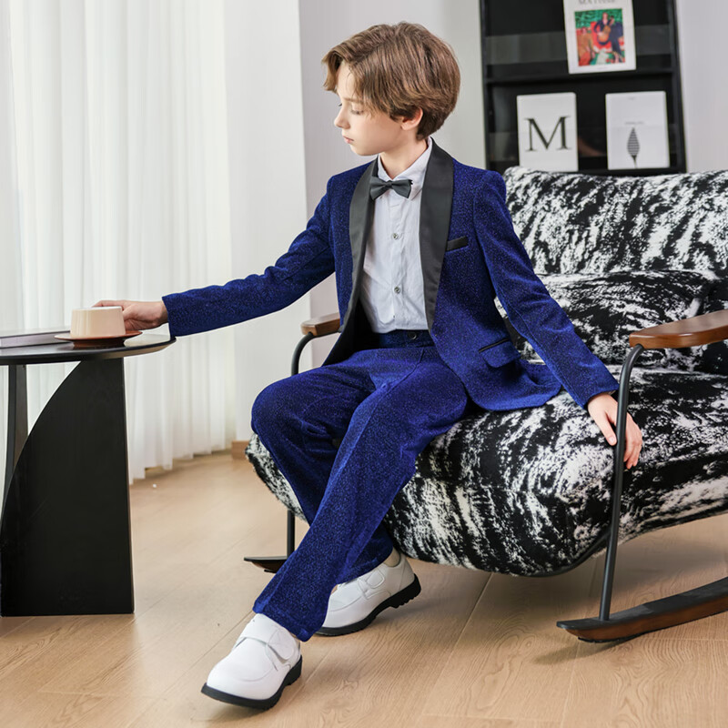 LUOBOBEIBEI Children's Formal Wear Autumn And Winter Suit Set, Stylish British-Style Suit for Stage Performances And New Year Visits, Blue Four-Piece Set, Size 110