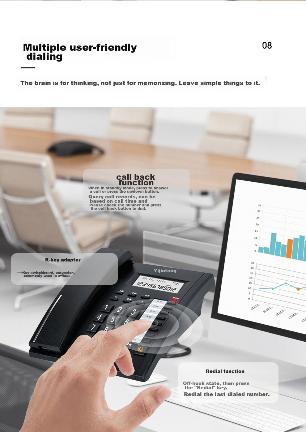 Yijiatong Office Telephone T79 Pro, Home Landline Phone, Stylish Business Office Caller ID, Office/Home/Business, Black Dual Interface 12