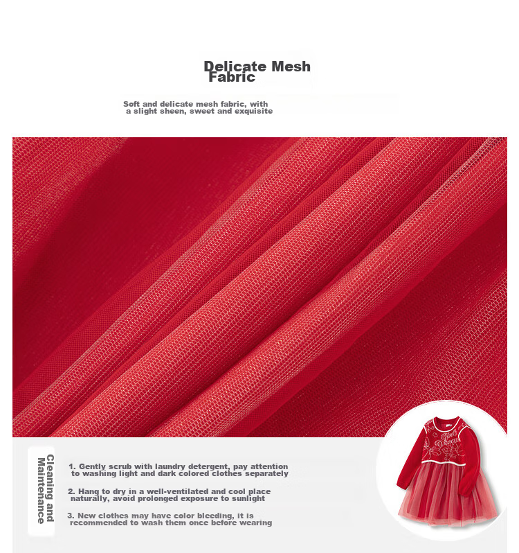 BALABALA Girls' Dress, Children's Spring And Winter Clothing, Red New Chinese-Style Mesh Fake Two-Piece Dress 3