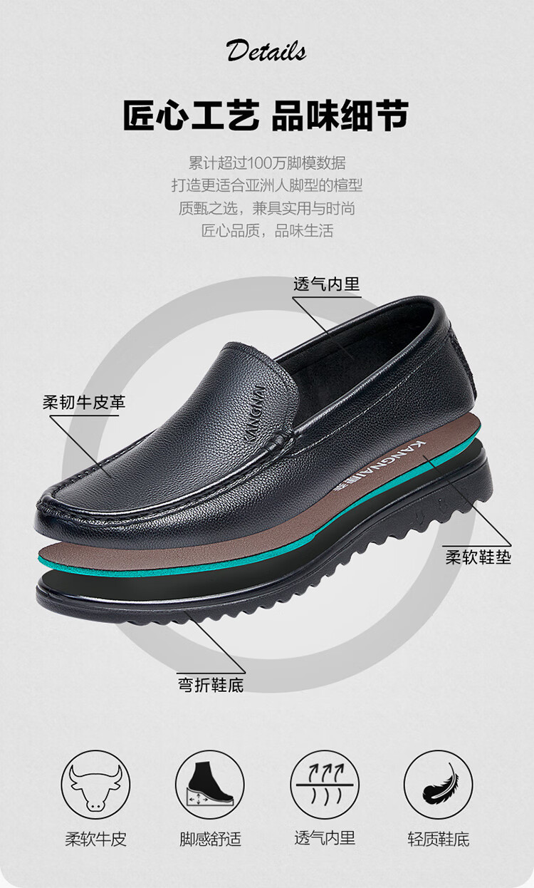 Kangnai Men's Leather Shoes, Versatile And Comfortable Slip-On Loafers, Business Casual Shoes, Cowhide Lightweight Black, Size 43 3