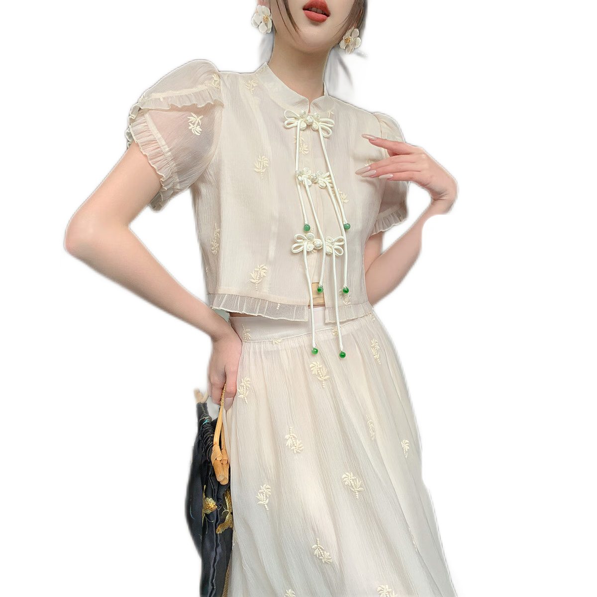 Dme [Xia Guo Feng New Chinese Style] Summer Stand-Collar Petal Sleeve Set, Embroidered Two-Piece Suit for Women, Off-White, XL