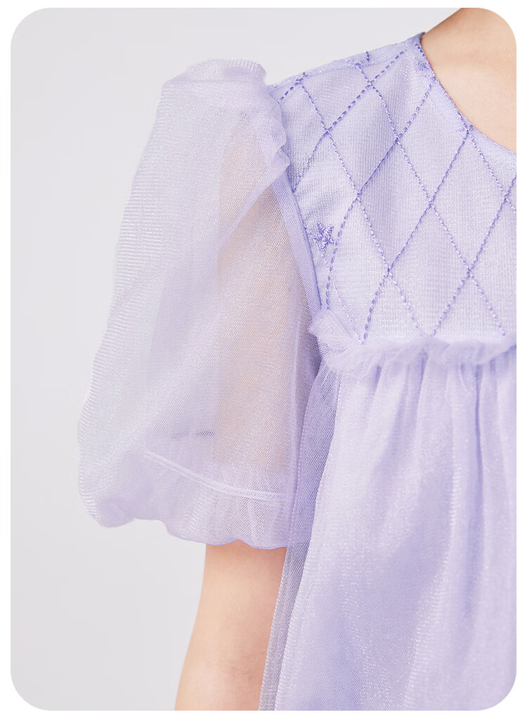QQ DUCK Girls' Dress, Children's Summer Puff Sleeve Princess Tulle Skirt, Sweet Performance Gown for Teenagers, Purple 15