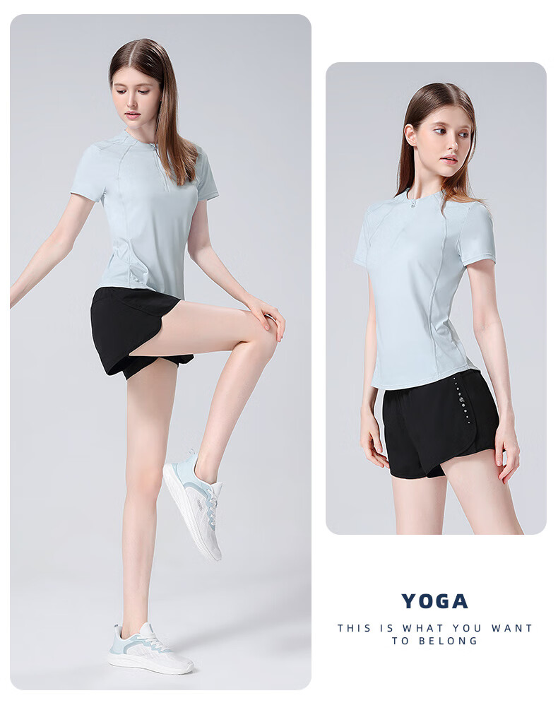 CAMEL Women's Sports Set, Summer New Style Running Yoga Fitness Short-Sleeve Shorts with Lining, Casual Elastic Sportswear 26